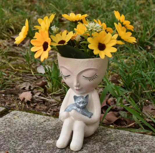 Maceta Escultura con Gatito – Diseño de Rostro en Resina | Ideal para Plantas Pequeñas