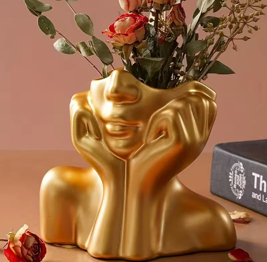 Jarrón Escultura Dorado – Rostro en Resina | Decoración Artística